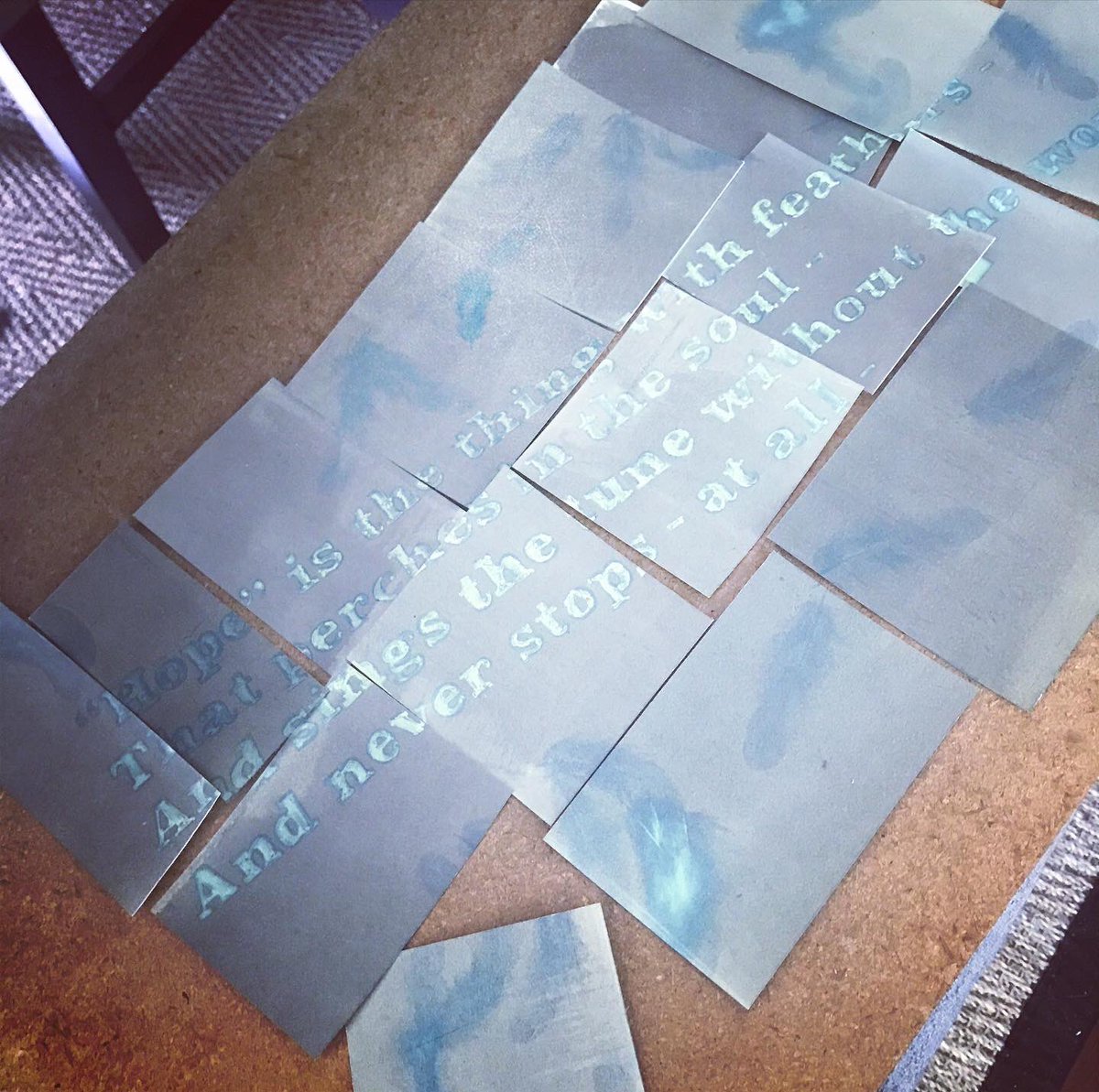 Also testing some hand draw text for a Cyanotype mural using Emily Dickinson’s ‘hope is the thing’ printed on vintage pillow cases hand embellished by a friends grandmother.  #cyanotype  #poetry  #mural
