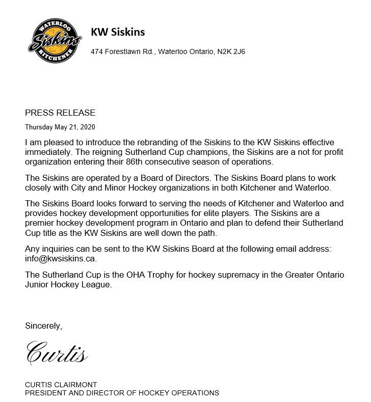 Siskinshockey's tweet photo. Today we are pleased to unveil the new name and logo for your KW Siskins. More details can be found in the attached press release @davejaworsky @berryonline @ohahockey1 @gojhl @519sportsonline @Waterloo_Wolves @KMHA_All @citywaterloo @citykitchener #HonorThePast #EmbraceTheFuture https://t.co/cZyrxlQsFv