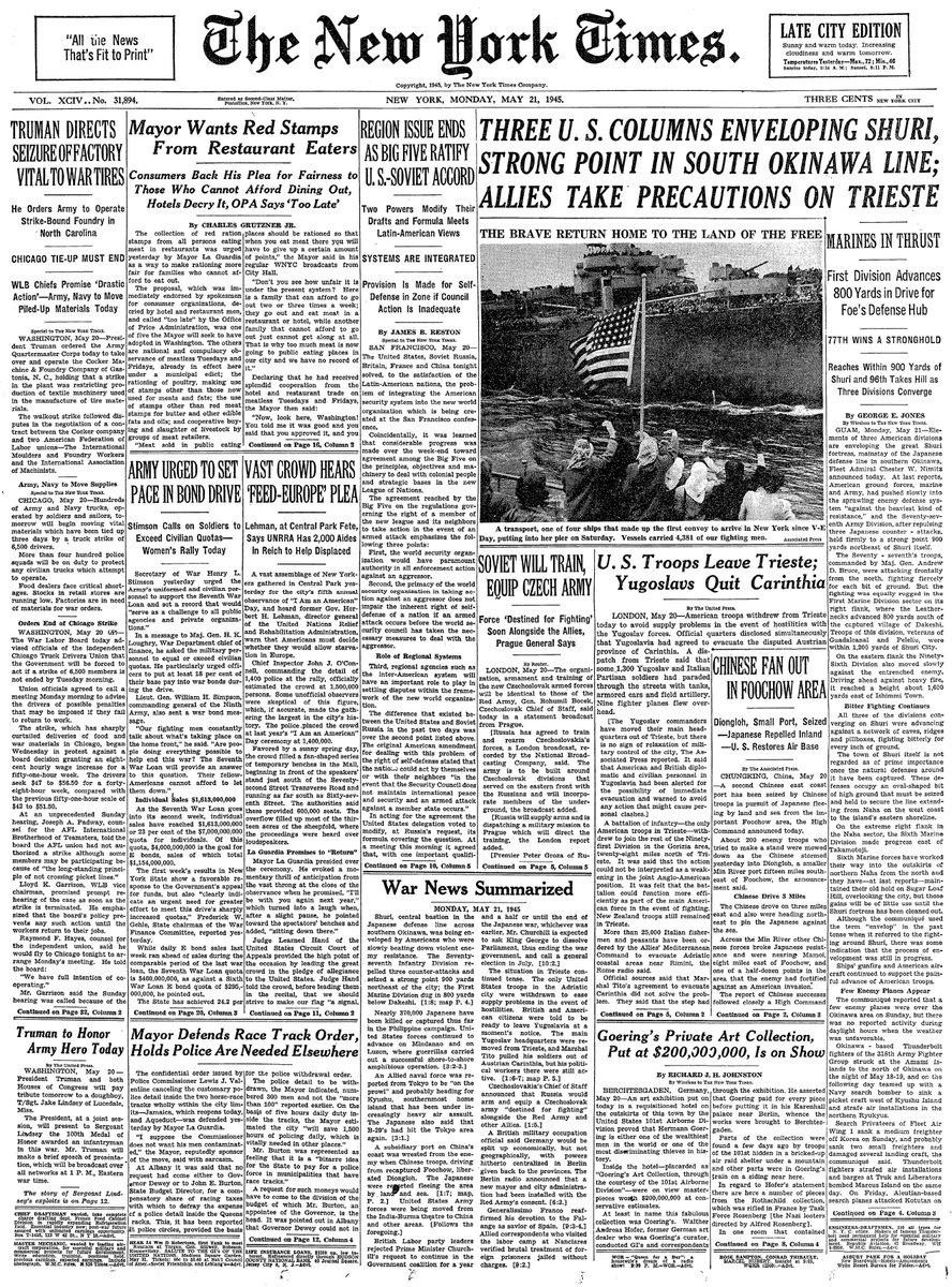 May 21, 1945: Three U.S. Columns Enveloping Shuri, Strong Point in South Okinawa Line; Allies Take Precautions on Trieste  https://nyti.ms/2LL9DRk 