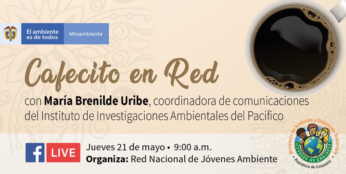 MinAmbienteCo's tweet photo. A las 9 a.m conéctate al #CafecitoEnRed ☕ de  @jovenesambiente. María Uribe, coordinadora de comunicaciones del @IIAP_CO  estará conversando con los jóvenes de @rnjaLaGuajira y @rnjavalle sobre cómo llevar un mensaje de cuidado del ambiente a toda 🇨🇴. 
👉 https://t.co/xwXFnIYyrQ https://t.co/5mAmTsXaJm