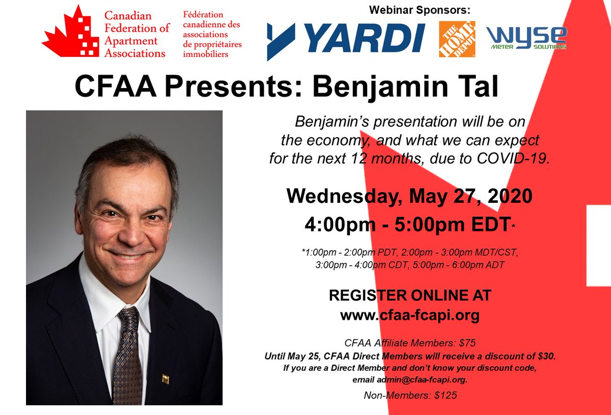 The webinar, “CFAA Presents: Benjamin Tal”, will be hosted on Wednesday, May 27 from 4-5pm. Register to secure your spot at cfaa-fcapi.org/events-awards/…  #rentalhousing