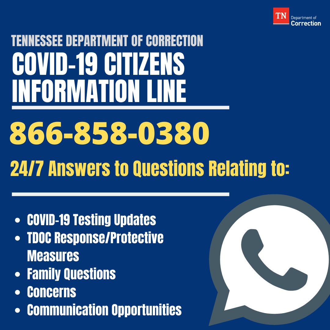 TNTDOC1's tweet photo. Our COVID-19 Information Line is still operational. If you have questions or concerns about COVID-19's impact on TDOC or TDOC's measures to ensure the safety of its offenders, feel free to call in!
#transparentTN #WereAllInThisTogether https://t.co/bP0U5HeTLt