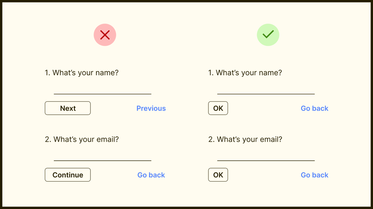 2) Use consistent wordingAnother obvious one —don’t use synonyms.If one button says “Next”, don’t also use “Proceed” or "Continue” for other buttons.Inconsistency confuses users. They may think “Next” and “Proceed” lead to different results.