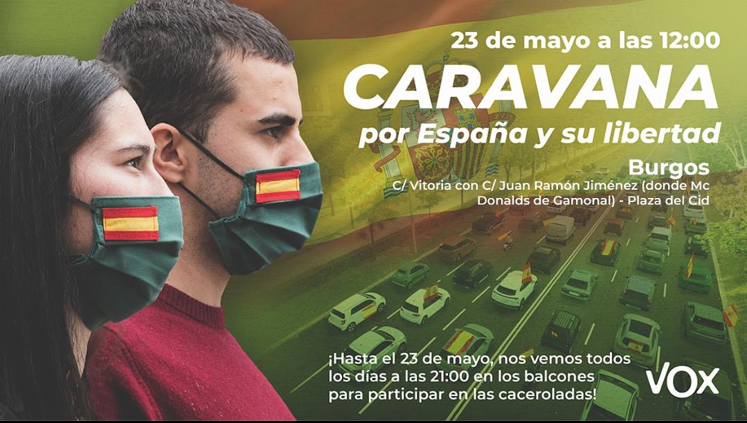 Vox_Burgos's tweet photo. 👏 ¡CARAVANA APROBADA! 

🚙 Echemos gasolina, rellenemos el aceite y miremos que funciona la bocina. 

💪 Este Gobierno nos va a oír en todas las capitales de Provincia.

🕛 23 de Mayo a las 12:00 en C/Vitoria hasta la Plaza del Cid.

🇪🇸 ¡Burgaleses, por la libertad! https://t.co/J0SxI2VkBp