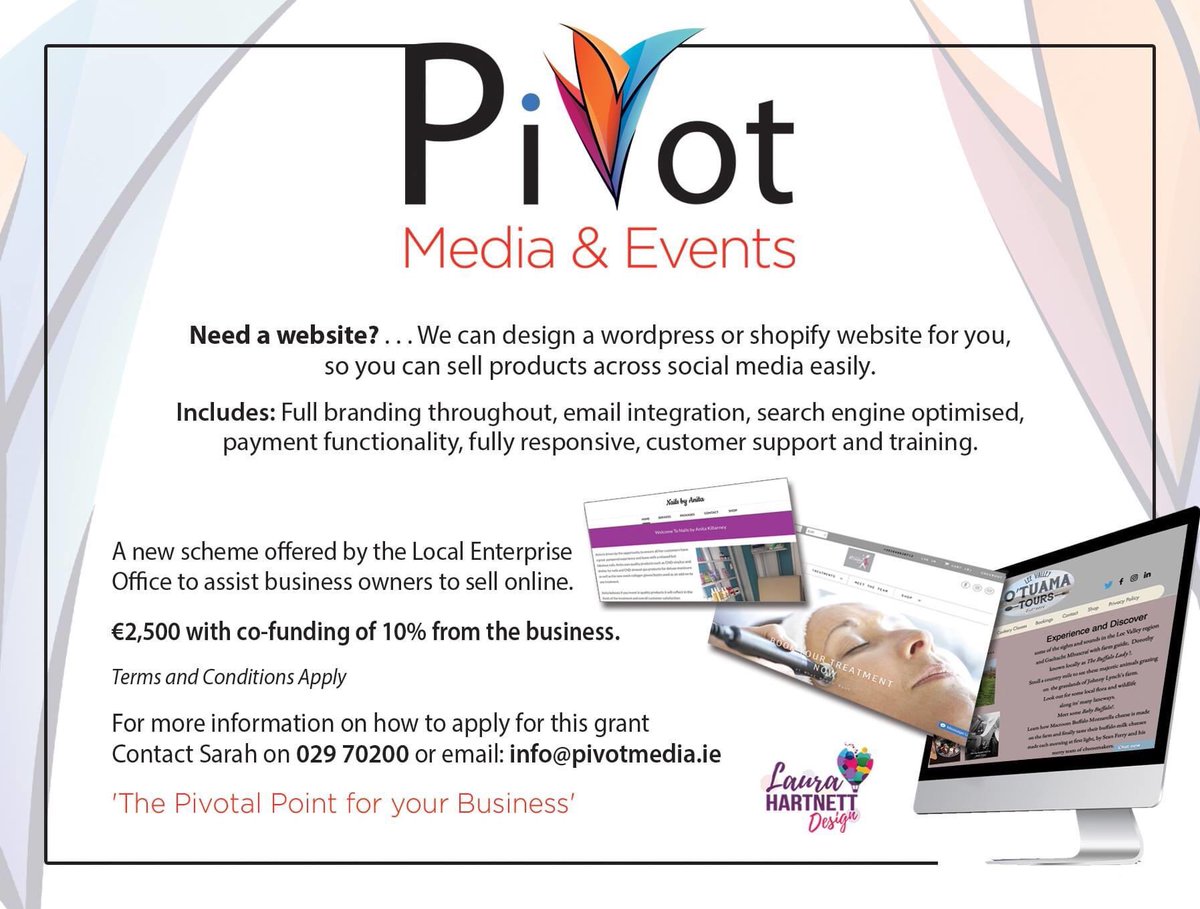 Day 26: Todays advert is for <a href="/PivotMediaEvent/">Sarah Delaney</a> who can design a website for your needs, contact Sarah for any queries and she would be happy to assist you.  
.
#LauraHartnettDesign
#PivotMediaAndEvents
#StayHome #StaySafe #SupportLocal