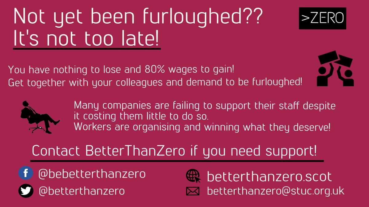 Furlough rules are changing soon and it’s vital that you’re secure. Make sure you get what you are entitled too!

If you’re not furloughed yet you’ve nothing to lose – get together with your colleagues and ask to be furloughed.

Get in touch if you need support!