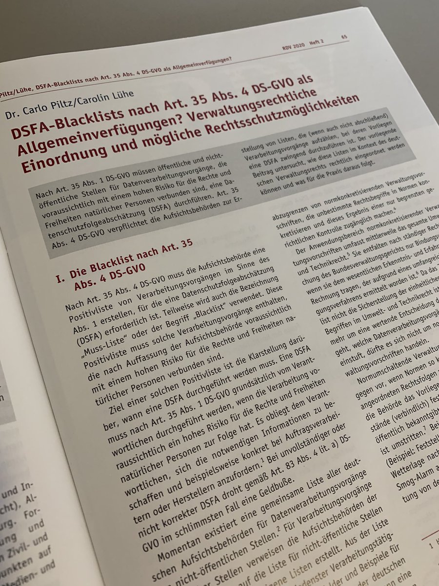 CarloPiltz's tweet photo. Nun auch in der Print @RDV_Online, der Beitrag von Carolin Lühe und mir zur verwaltungsrechtlichen Einordnung der DSFA-Blacklists. 

#dsgvo #Datenschutz https://t.co/S00pUKfNF8
