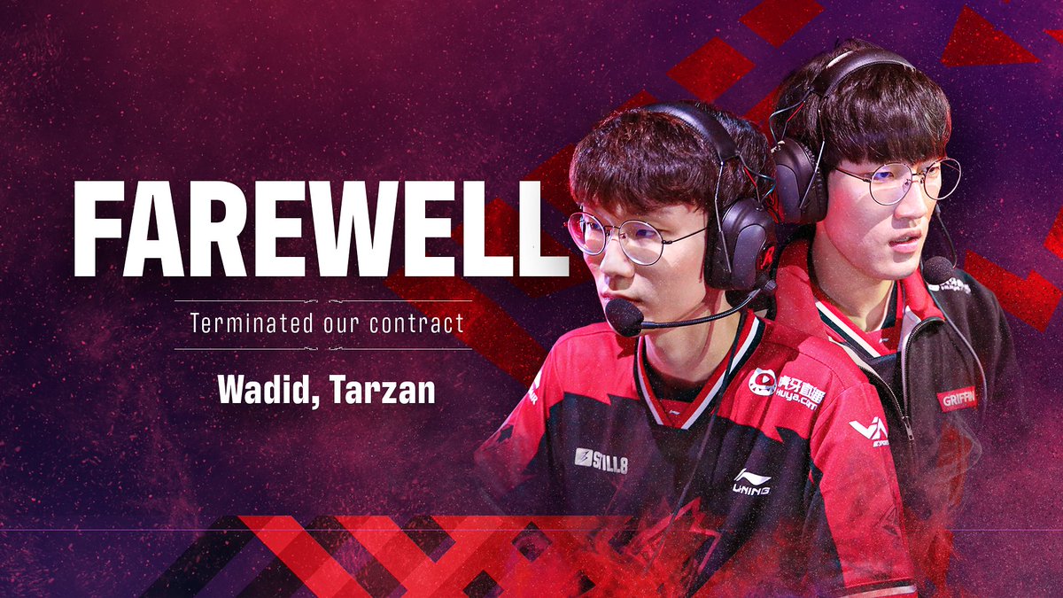 TeamGriffinLoL's tweet photo. 📍Griffin official announcement

Hello, this is Team Griffin. We are sad to announce that we have terminated the contract with Tarzan(Seungyong Lee) and WADID(Baein Kim) in mutual agreement. We are sincerely thankful to both players, for always giving in their best. Thank you. https://t.co/oojR7OWsXQ