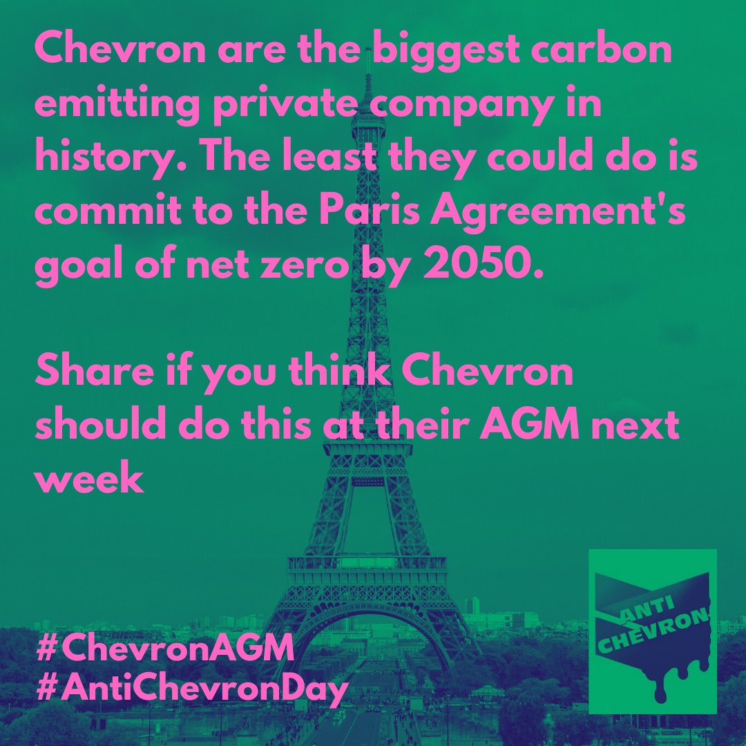 As the largest green house gas emitting private company in history, @Chevron owes a lot to current and future victims of the #ClimateCrisis. 

The absolute least they should do is commit to the Paris Agreement at their AGM on May 27th #AntiChevronDay #ChevronAGM