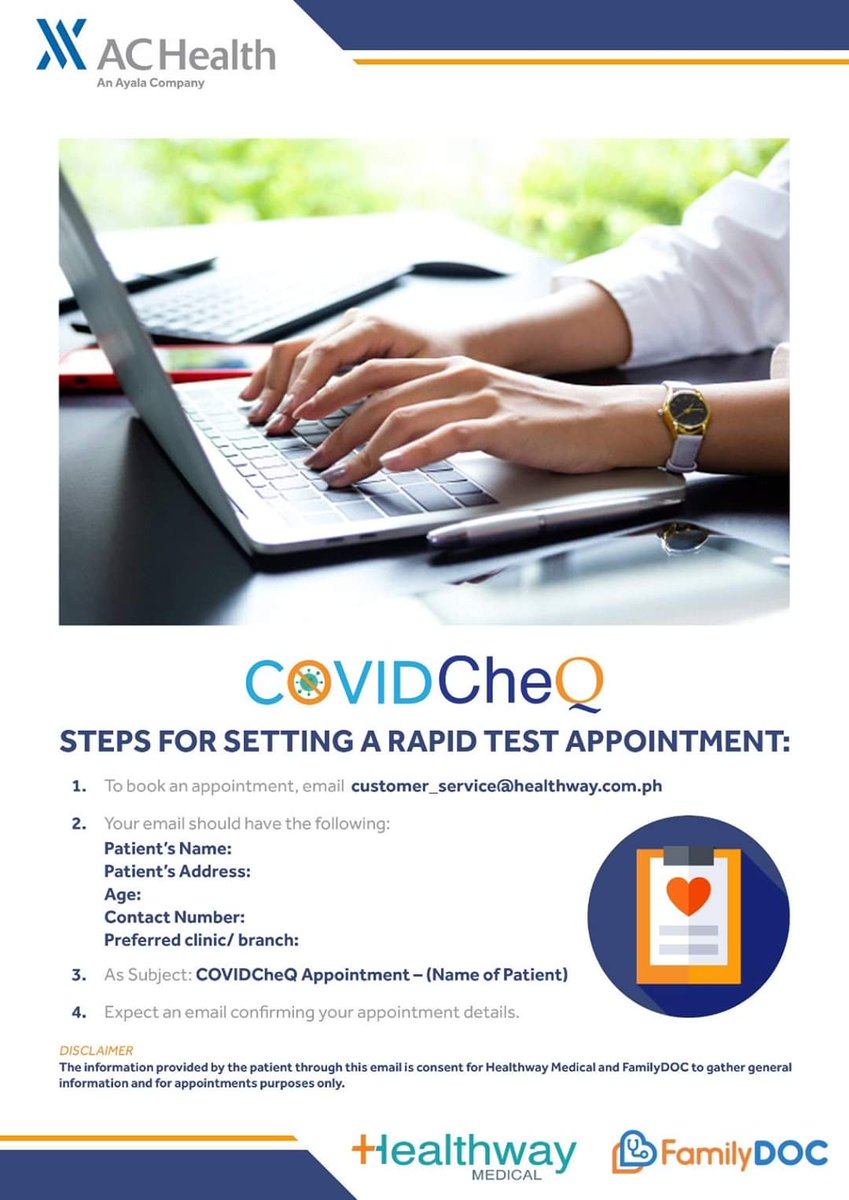 HealthwayPH's tweet photo. COVIDCheQ, COVID-19 Antibody Rapid Testing is available starting June 1, 2020 in select Healthway Medical and FamilyDOC Clinics. 

Together, let's fight the COVID-19 Pandemic with COVIDCheQ! 💪

#COVIDCheQ
#HealthwayMedical
#FamilyDOC
#ACHealth
#WeFightCOVID19AsOne https://t.co/q2txAFfLh3