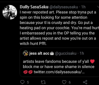 As you see in those screencaps, they were called out for reposting. Those tweets include reposted art. None of those tweets include credit to any of the artists. And yet, the guy and his friends say he didn't repost or steal anything.