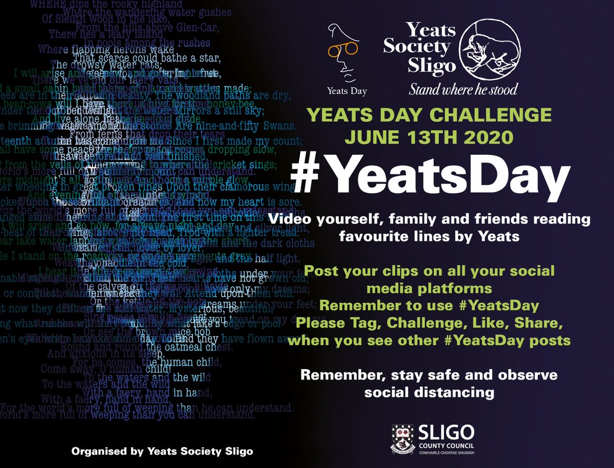 HamiltonSligo's tweet photo. Lovely to get behind #YeatsDay again this year. Probably couldn't be a better time for people all around to enjoy a communal social media celebration of beautiful poetry. 

Copy &amp; share the image on all your Social media. Lets help make #YeatsDay a  stunning success in 2020. https://t.co/6Y1TS87DFT