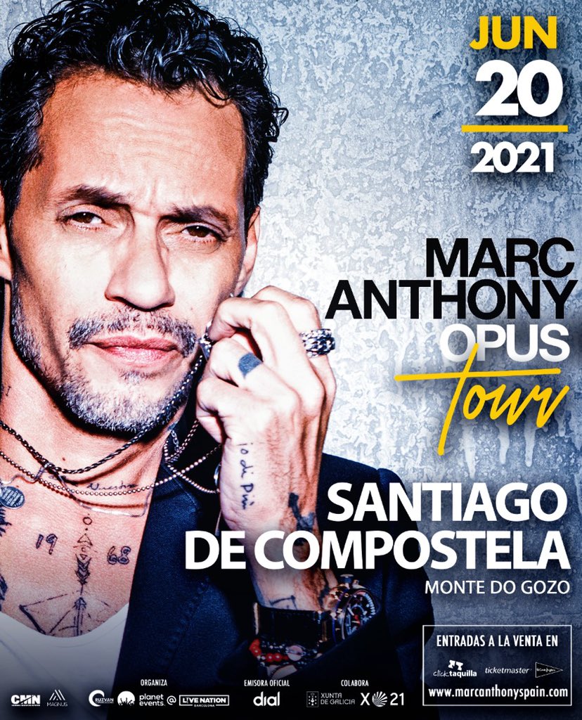 planetevents's tweet photo. El concierto de @MarcAnthony en Santiago de Compostela será el 20/06/21 en Monte do Gozo. Las 🎫del 21/06/20 seran válidas para esta nueva fecha. ➕ Hay 🎟 para todos los conciertos en https://t.co/ZomUkhUBiT, @clicktaquilla, @TicketmasterES y @elcorteingles. #opustour https://t.co/uvxXCfSGKO
