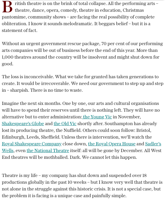 JackGamble's tweet photo. Sonia Friedman's article in the Telegraph today is excellent and a rallying call. https://t.co/bve9Yf7Yzb