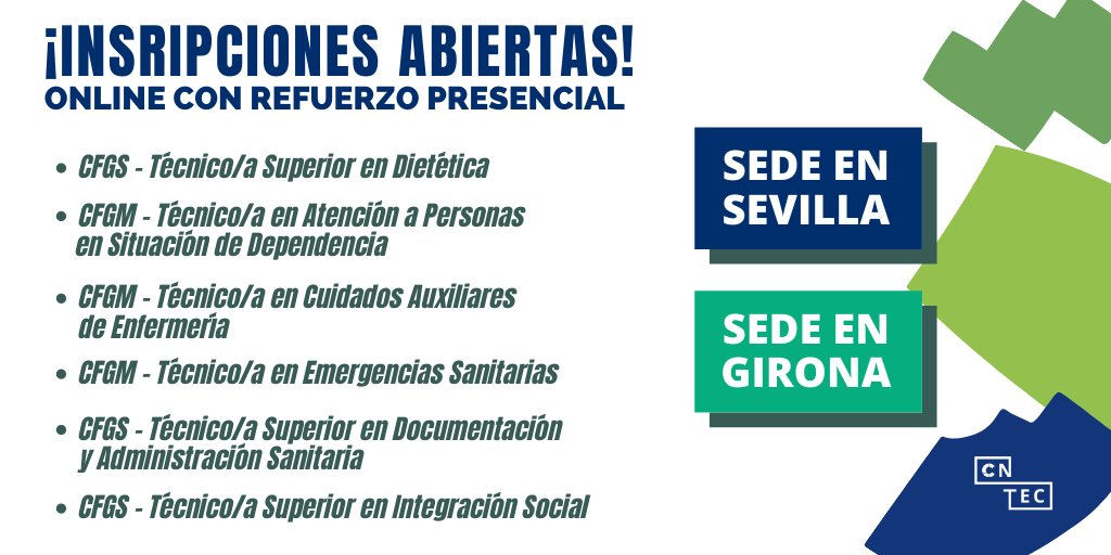 cntec_fp's tweet photo. 🔴 INSCRIPCIONES ABIERTAS ¡Ya matricularte para el curso 2020-21! 🤩 En nuestros ciclos FP sanitario o socisanitario 🏨 ¡Consíguelo con la ayuda de CNTEC y su refuerzo presencial! Tenemos sedes en #Sevilla y #Girona ¡Haz tu pasión tu futuro!🤩 Más info ➡️ https://t.co/jq7RqgyGyU https://t.co/kNalMrNQK6
