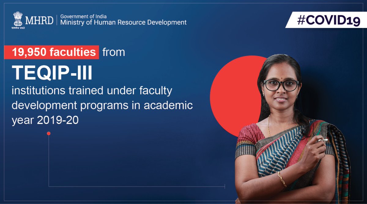EduMinOfIndia's tweet photo. Good news!
19,950 faculties from TEQIP-III institutions have completed their training under Faculty Development Programmes at IITs, IIMs etc.
The training aims to enhance education quality, covering areas like digital pedagogy, subject domains, R&D, and industrial technologies. https://t.co/0Rfzw6rgGN
