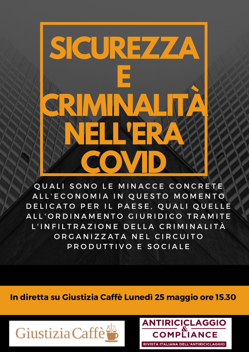 #sicurezza #Covid_19 
Lunedì 25 Maggio alle ore 15.30, sarò in diretta su <a href="/GiustiziaCaffe/">Giustiziacaffè</a> per parla di "Sicurezza e criminalità nell'era covid"