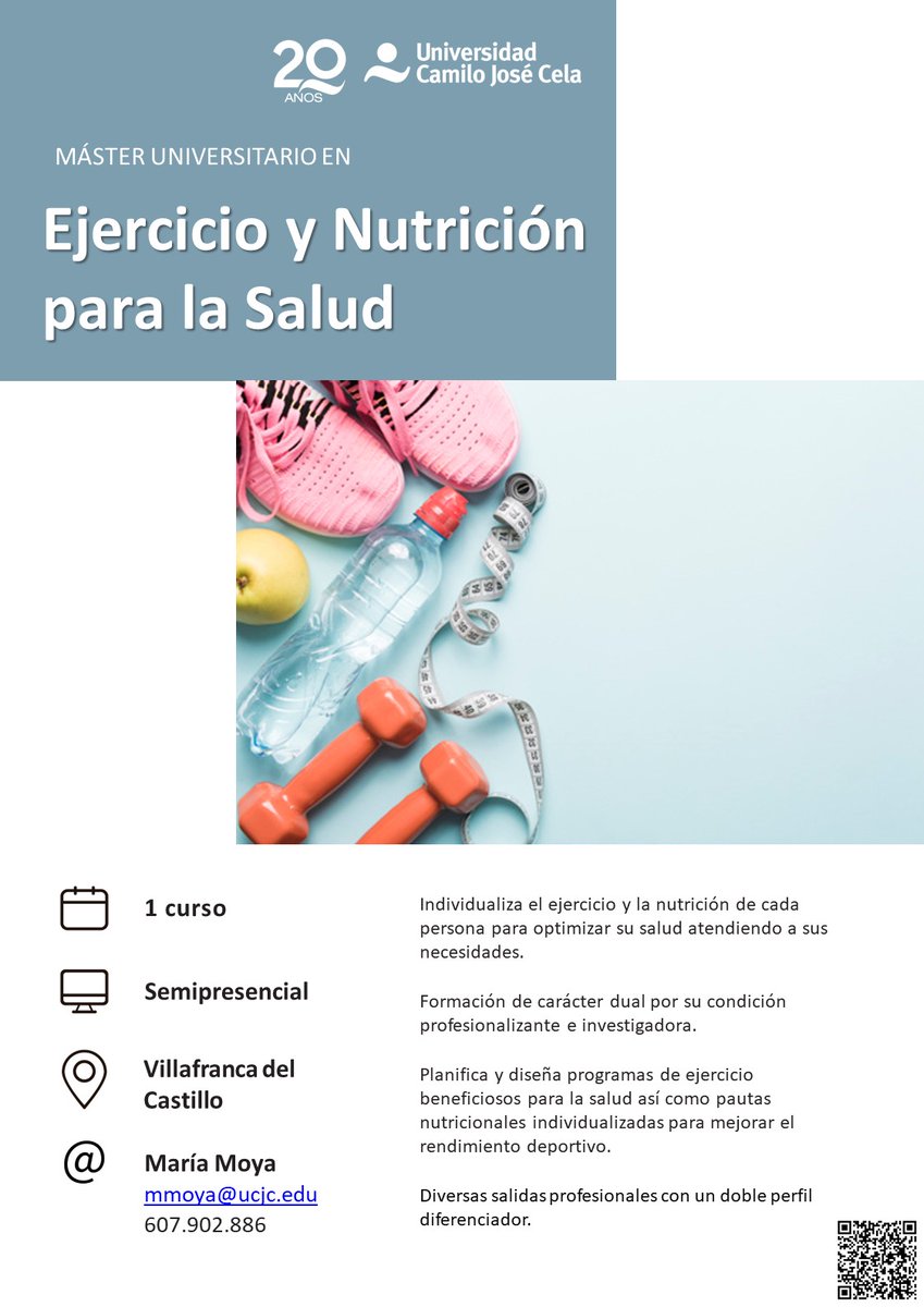 CCAFyD_UCJC's tweet photo. 📢🔛Os anunciamos que este próximo curso 2020-21 comienza su andadura el Máster Universitario en Ejercicio y Nutrición para la Salud. 
🗓️ Semipresencial - 1 año
👥 Caracter profesionalizante e investigador
⌛️ Plazas limitadas
🗣️ Claustro🔝 
¿te animas? Infórmate 👇 ¡Te esperamos! https://t.co/mfVaHWYToA