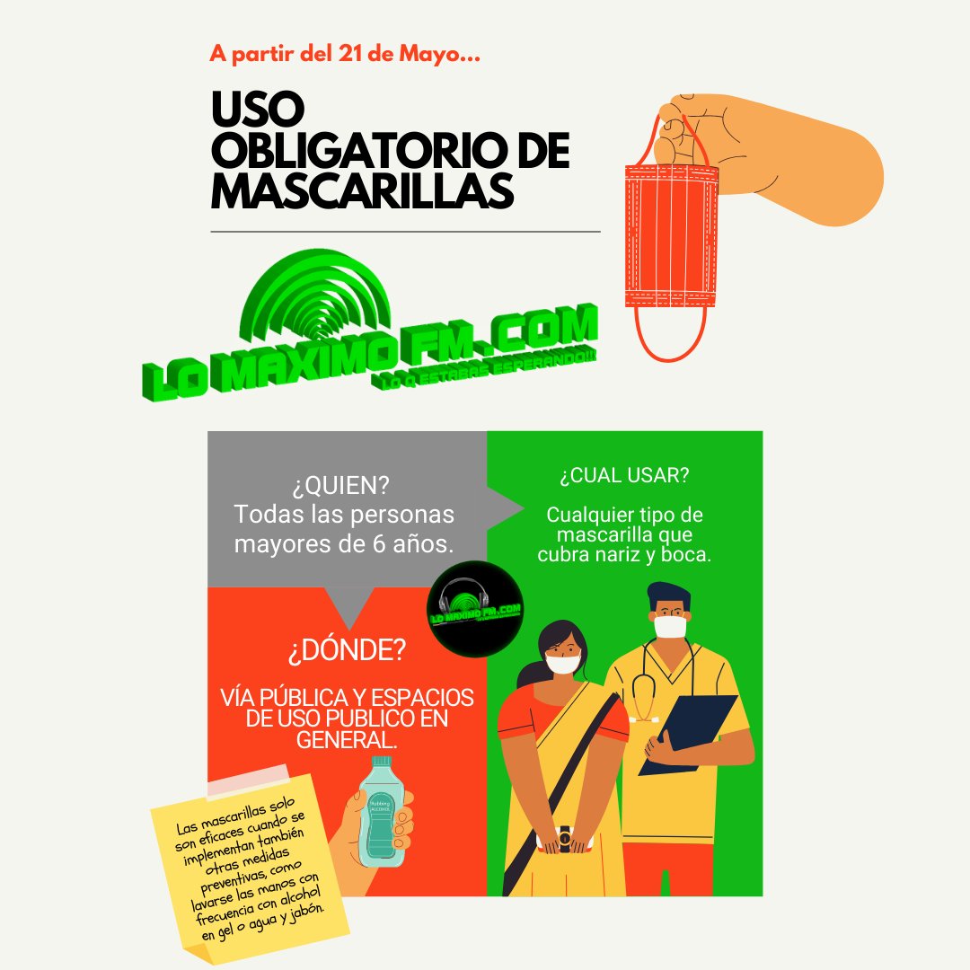 LOMAXIMOFM's tweet photo. USO OBLIGATORIO DE MASCARILLAS... A partir de este jueves 21 de Mayo serán obligatorias aunque la orden ministerial recoge varias excepciones a la obligatoriedad.

#LOMAXIMOFM #radiofm #radioweb #radioonline #loqestabasesperando https://t.co/xm3dystlcA