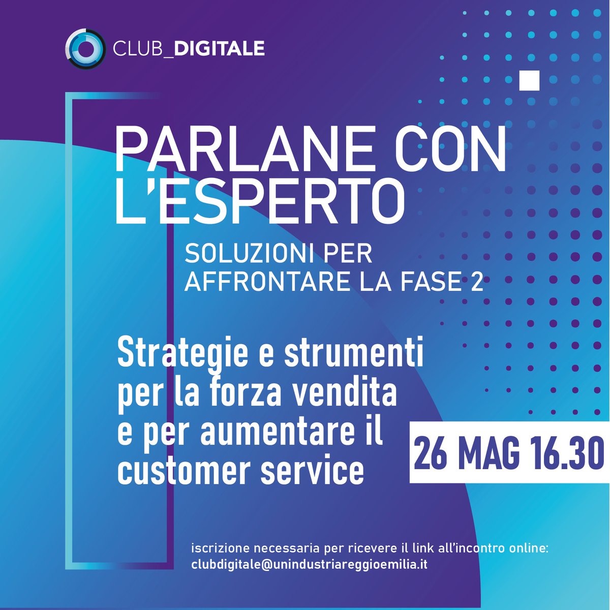 UnindustriaRE's tweet photo. #Parlaneconlesperto #ClubDigitale #webinar
📌Secondo appuntamento con gli esperti del @clubdigitale per parlare di strategie e strumenti utili per la forza vendita e migliorare il #customerservice nel #PostCovid https://t.co/Ik1bSqqrzn