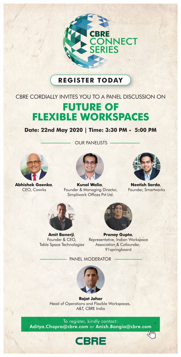 CBRE_India's tweet photo. #CBRECONNECT
Join us in decoding the 'Future of #FlexibleWorkspaces in the post #COVID19 era with some of the most eminent industry leaders.
Date: 22 May
Time: 3:30 PM - 5:00 PM
@shekgoenka @CoWrks @KunalWalia @SmartworksInd @neetish_sarda @Table_Space @91springboard @PranayG https://t.co/ad10IQH4AD