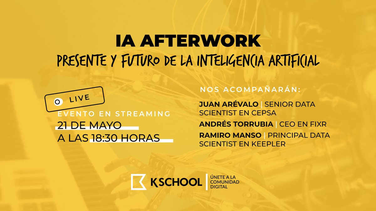 dksdigital's tweet photo. ¡Llegó el día! Esta tarde a las 18:30 horas celebramos en #streaming nuestro #IAafterwork. 

Prepararos para saber más sobre el presente y futuro de la #InteligenciaArtificial. Vamos a tener un debate muy interesante con @rmwka, @antor  y @juarelerrr. 

https://t.co/Ti5WPxFhhT https://t.co/iPkZt92fa5