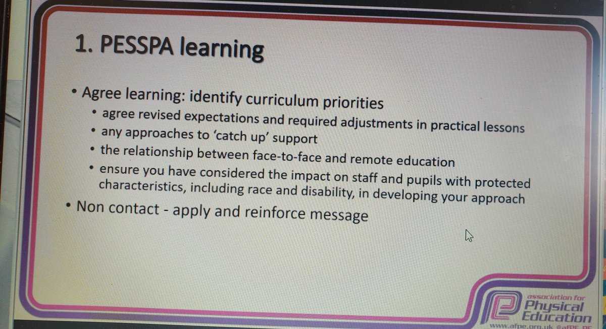 Nine essential points for the application of the covid-19 guidance in a PE setting (1/3) from this morning excellent webinar from <a href="/afPE_PE/">Association for Physical Education</a>