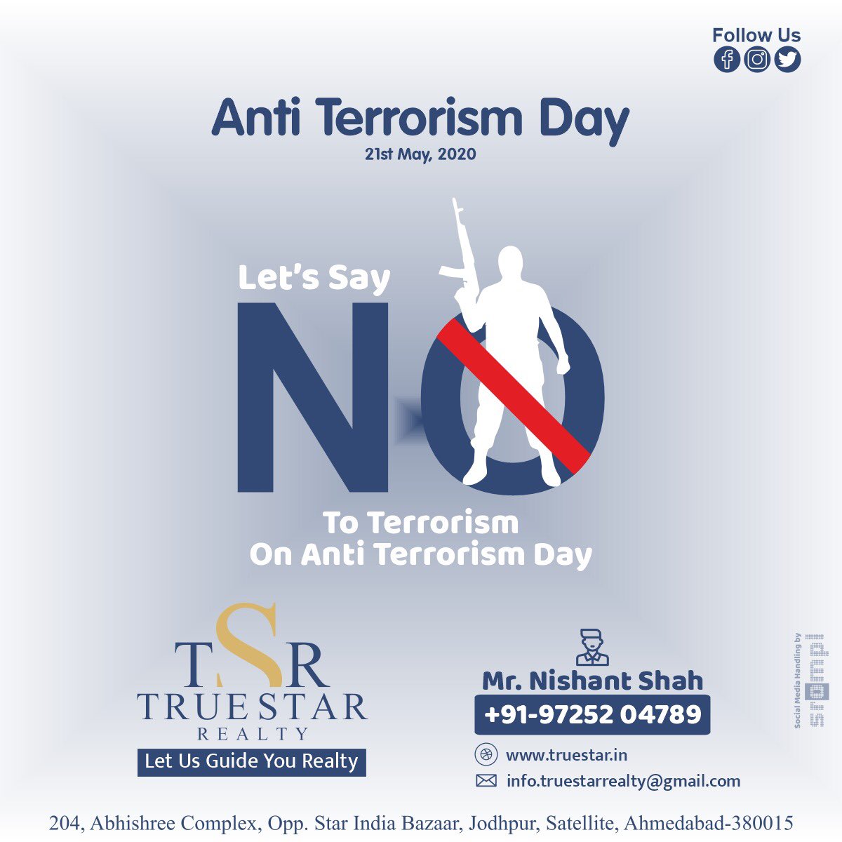 TrueStarRealty's tweet photo. Let's say No to Terrorism...
World Anti Terrorism Day
21st May 2020
.
.
.
.
#worldantiterrorismday #antiTerrorism #antiterrorism #antiterrorismday #antiterrorismday2020 #antiterrorist #stopterrorism #stopeattacks #truestarrealty #realestate #property #ahemdabad #ThrowbackThursday https://t.co/7xdIJzmcpn