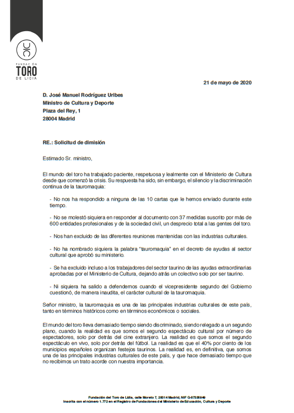 REVISTA6TOROS6's tweet photo. 📢El mundo del Toro pide la Dimisión del Ministro de Cultura
Hartos de las reiteradas discriminaciones, ninguneos y la censura a la Tauromaquia como Cultura impuesta por el Ministerio de Cultura, la Fundación del Toro de Lidia ha pedido la dimisión al cargo de @jmrdezuribes. https://t.co/XMR2evw9XL