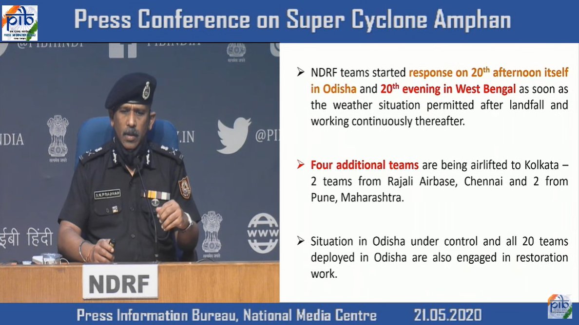 PIB_India's tweet image. Soon after #CycloneAmphan hit, NDRF teams had fanned out and started work as per deployment in Odisha in afternoon itself and by evening in West Bengal yesterday - DG, @NDRFHQ  #CycloneAmphanUpdate