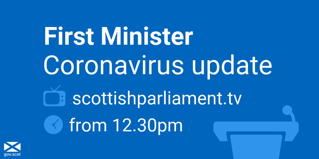 Today First Minister <a href="/NicolaSturgeon/">Nicola Sturgeon</a> will give an update on #coronavirus in <a href="/ScotParl/">Scottish Parliament</a> at 12:30pm. 

The FM will set out a 4-phase routemap on how Scotland will move carefully and gradually out of lockdown. 

📺 Watch live on scottishparliament.tv