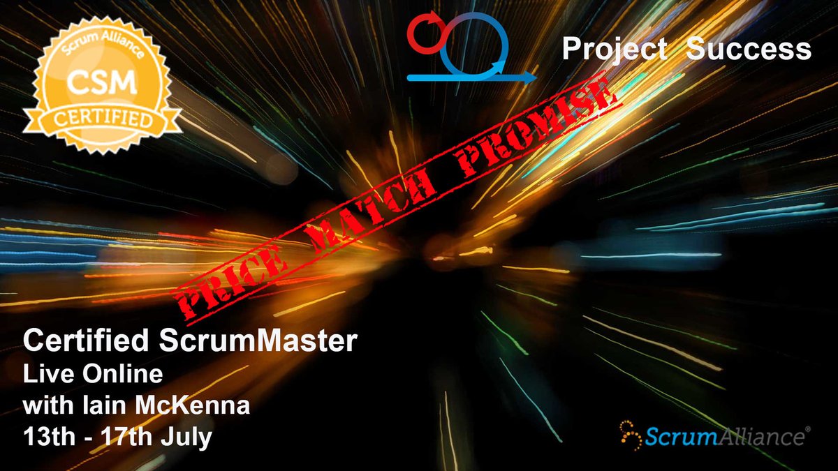 Live online Certified ScrumMaster course on 13th - 17th July 2020. Consisting of two 1-2 hour sessions each day for 5 days.  You can register for the course at project-success.co.uk/course/certifi….  We will match the price of any comparable course.  #scrum #csm #staysafe