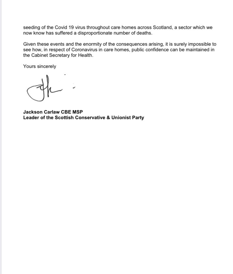 Jackson_Carlaw's tweet photo. It was not inevitable that care homes became the frontline, a serious strategic error by Jeane Freeman made it so.

It is impossible to see how public confidence can be maintained in the Health Secretary - she simply can’t be trusted on coronavirus. https://t.co/1GSYmGFmvH