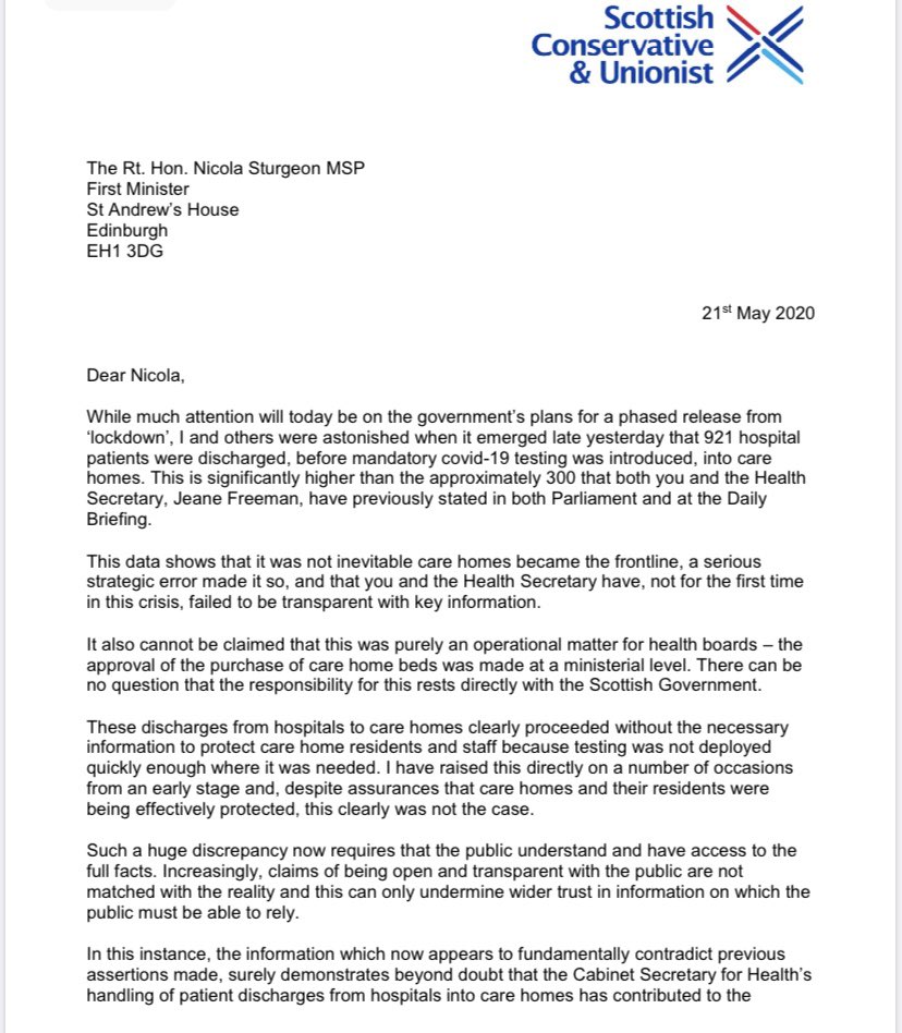 Jackson_Carlaw's tweet photo. It was not inevitable that care homes became the frontline, a serious strategic error by Jeane Freeman made it so.

It is impossible to see how public confidence can be maintained in the Health Secretary - she simply can’t be trusted on coronavirus. https://t.co/1GSYmGFmvH