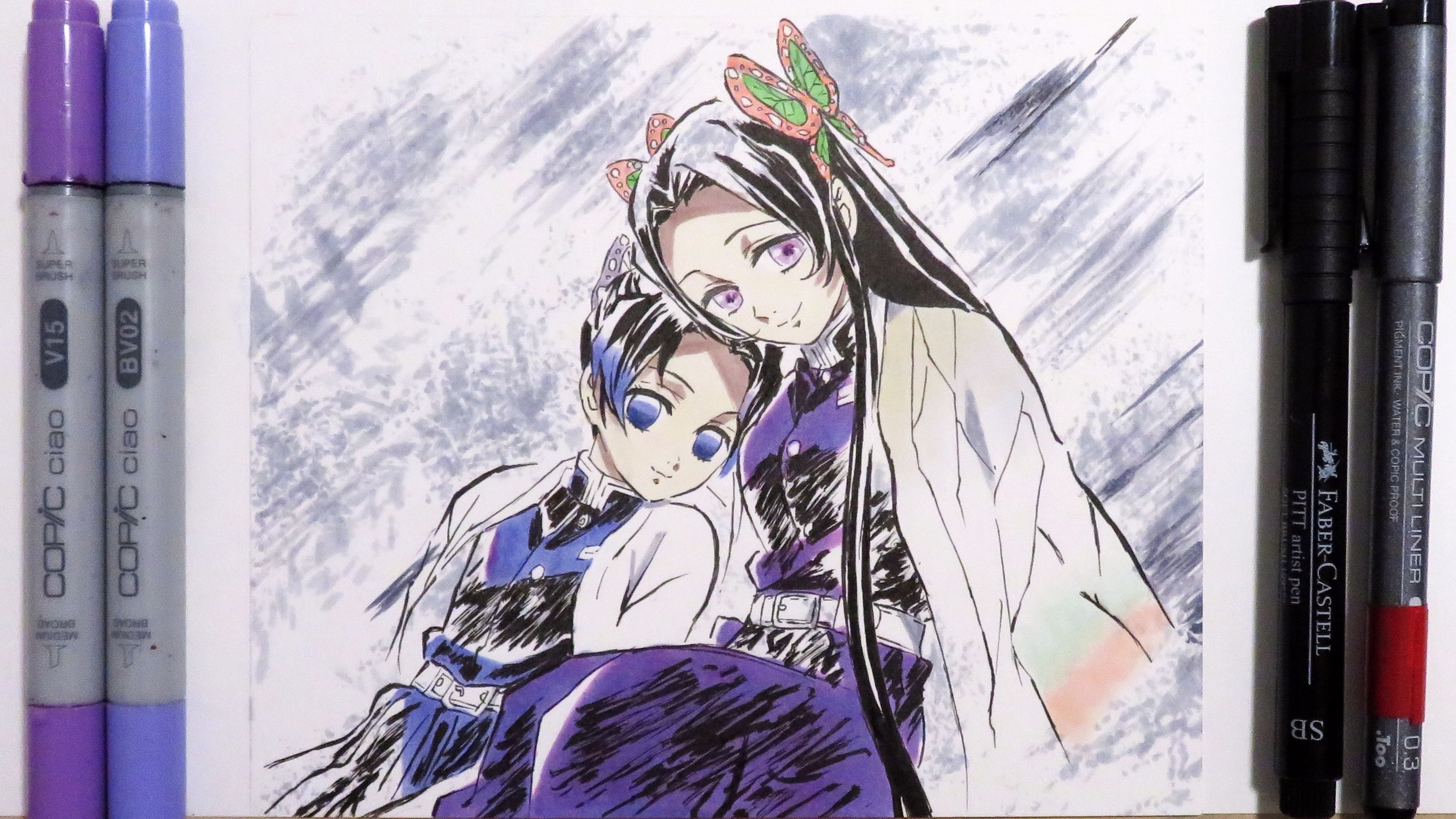 Twitter 上的 お絵描き練習中こーすけ 鬼滅の刃 胡蝶しのぶ 胡蝶カナエ 模写 コピック 今日は簡易模写です アニメ版アイキャッチの胡蝶姉妹 です 色鉛筆は併用せずコピックオンリーです キャラの影などに筆ペンを使ったり 背景にはスポンジにコピックの