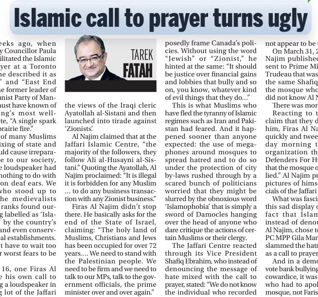 TarekFatah's tweet photo. .
Islamic Call-to-Prayer turns Ugly. 

Column in @TheTorontoSun this morning on how Canada’s permission to use loudspeakers for the Islamic ‘call to prayer’ led to an anti-Semitic tirade in a Jewish neighborhood
https://t.co/0yced8C4qM 
@TimesofIsrael @haaretzcom @Jerusalem_Post https://t.co/uKZPoFG180