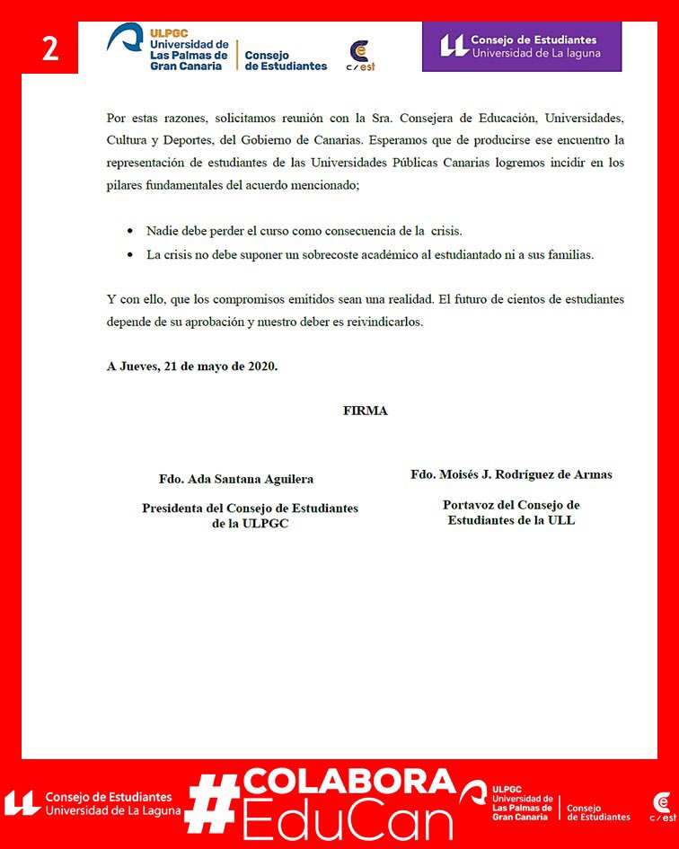 Comunicado Conjunto de los Consejos de Estudiantes de las Universidades Públicas Canarias. 
Solicitamos a @EducacionCan el cumplimiento de los acuerdos con la <a href="/ULPGC/">ULPGC</a> y <a href="/ULL/">Universidad de La Laguna</a>.
El futuro del estudiantado de Canarias depende de su aprobación.
#COLABORAEduCan