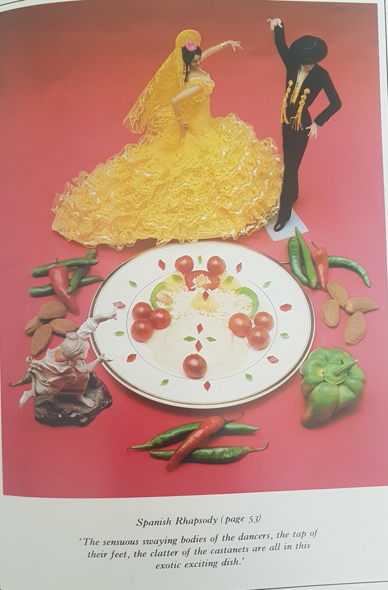 It's the 20th anniversary of Barbara Cartland's death, which is all the excuse I need to show you some pages from the greatest cookbook of all time. A thread.The photography is magnificent, but the little quotes under them are priceless too. Enjoy. @70s_party  #foodphotography