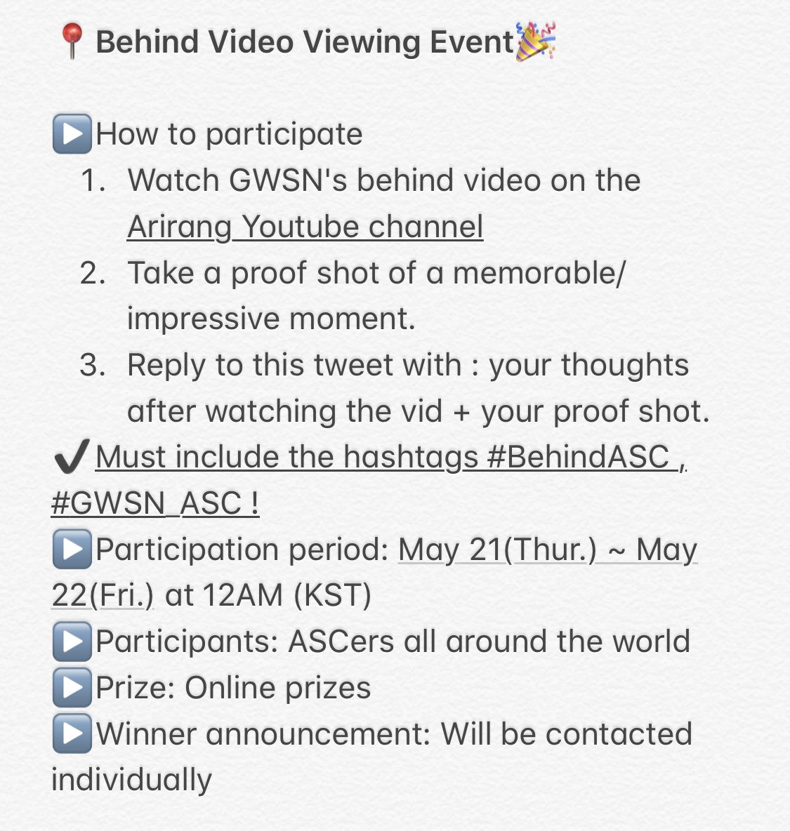 arirang_ASC's tweet photo. ๐ Watch GWSN's behind video and participate in the event below!
โ๏ธLINK: https://t.co/r9vqaDuNQh
#BehindASC #GWSN_ASC #GWSN https://t.co/I99qZFqt3T