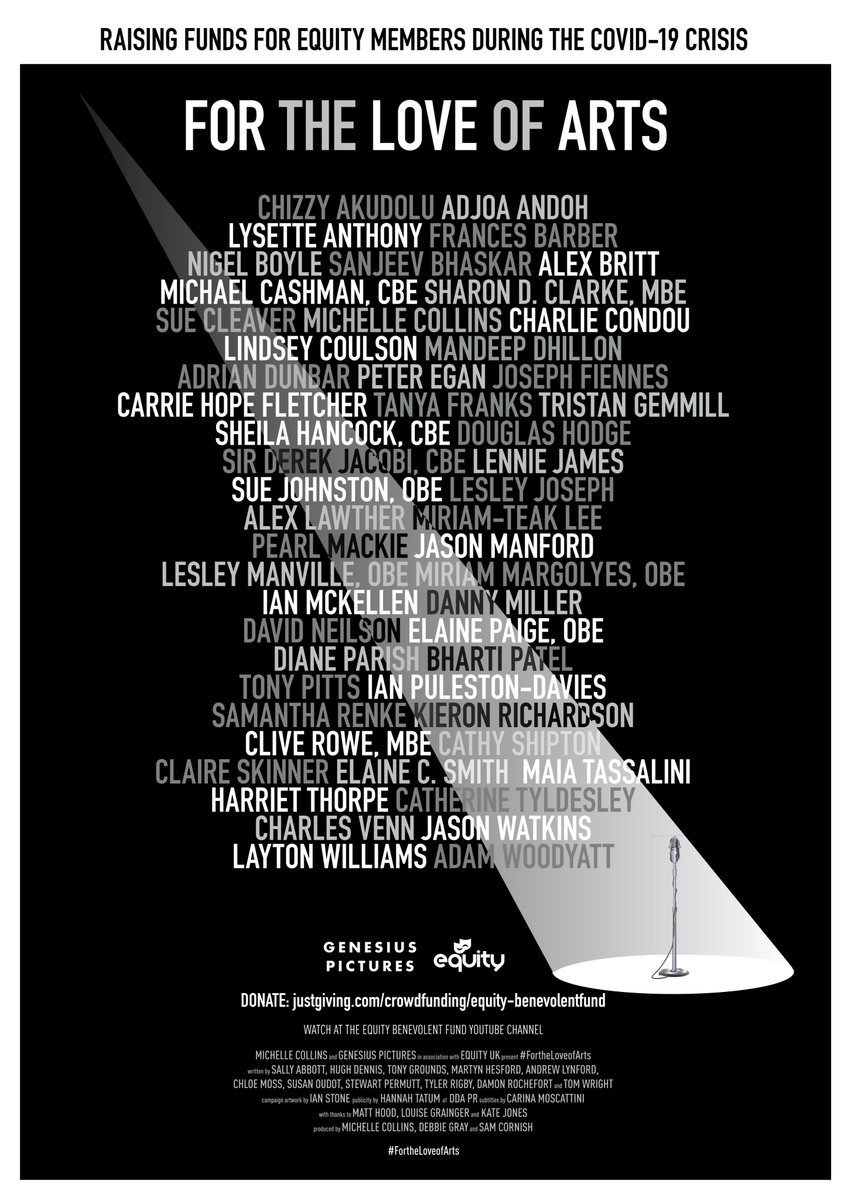 We're delighted to launch the #FortheLoveofArts charity campaign today! An incredible list of actors, stage &amp; screen, have united together to support thousands of entertainment professionals affected by the COVID-19 pandemic via the <a href="/EquityUK/">Equity</a> Benevolent Fund. #FLOA