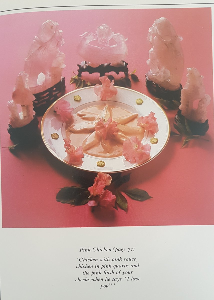 It's the 20th anniversary of Barbara Cartland's death, which is all the excuse I need to show you some pages from the greatest cookbook of all time. A thread.The photography is magnificent, but the little quotes under them are priceless too. Enjoy. @70s_party  #foodphotography