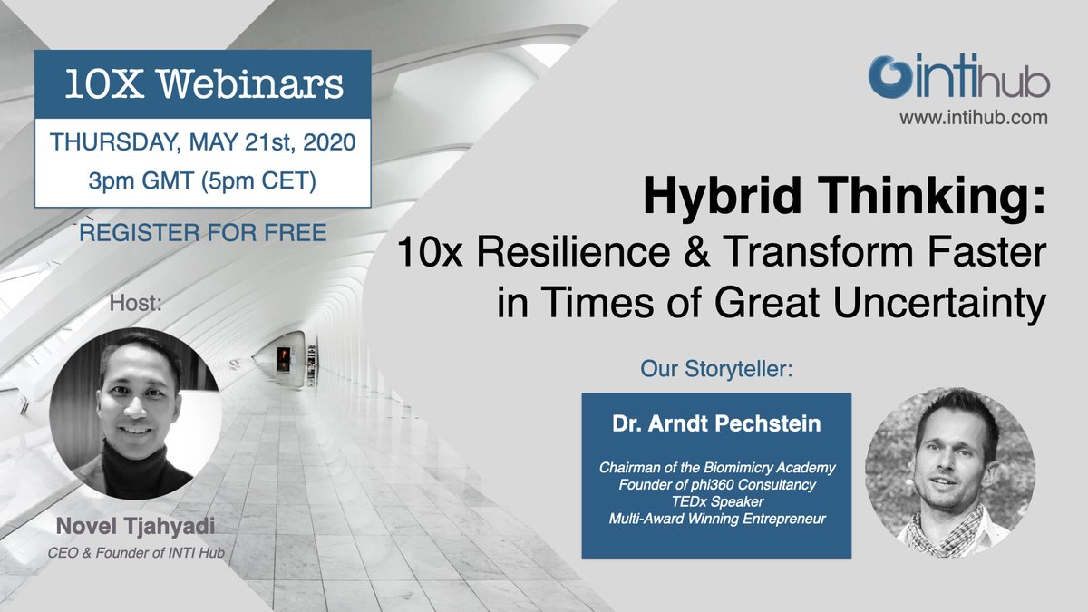 Super excited to host our SOLD OUT for webinar 7pm Dubai (5pm CET) tonight. We will be streaming live on facebook.com/intihub

#innovation #hybridthinking #biomimicry #exponentialtransformation #agile
#phi360 #disruptiveinnovation #webinars #Covid_19