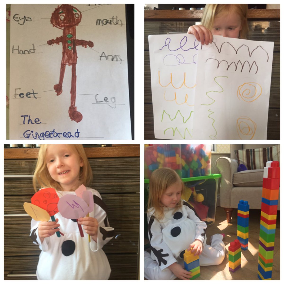 d_rach44's tweet photo. ⁦@prestolee_1911⁩ Elizabeth has drawn the Gingerbread man, practised mark making, built some number towers and she wanted to help her sister make ‘feelings’ puppets! #alwaysaiminghigh https://t.co/K5VXk3n1xx