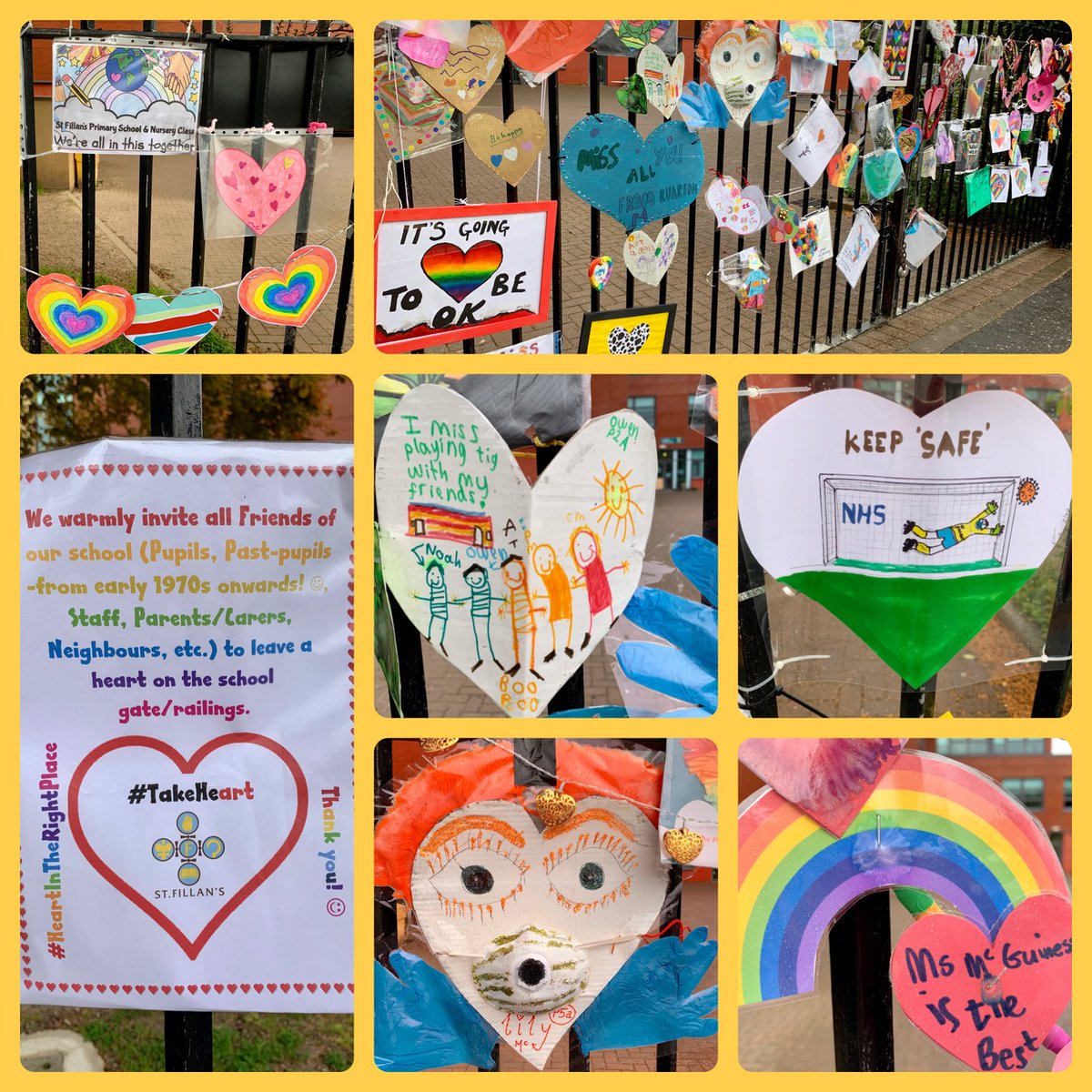 kannturner13's tweet photo. What a colourful display of love and hope on the gates of St Fillan’s Primary School - brightened our walk this morning 🥰🌈❤️🧡💛💚💙💜🖤🤍🤎🌈🥰@StFillansPS #Covid_19 #HopeWhileStayingHome https://t.co/NI81XMSUUY