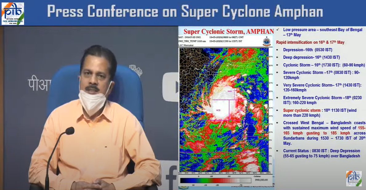 PIB_India's tweet image. As forecasted, #CycloneAmphan made landfall between 3.30 and 5.30 PM near Sunderbans, and wind speed too was between 155 - 165 kmph, as predicted. Impact of cyclone has also been in areas as predicted.

- DG, @Indiametdept #CycloneAmphanUpdate #CycloneAmphan