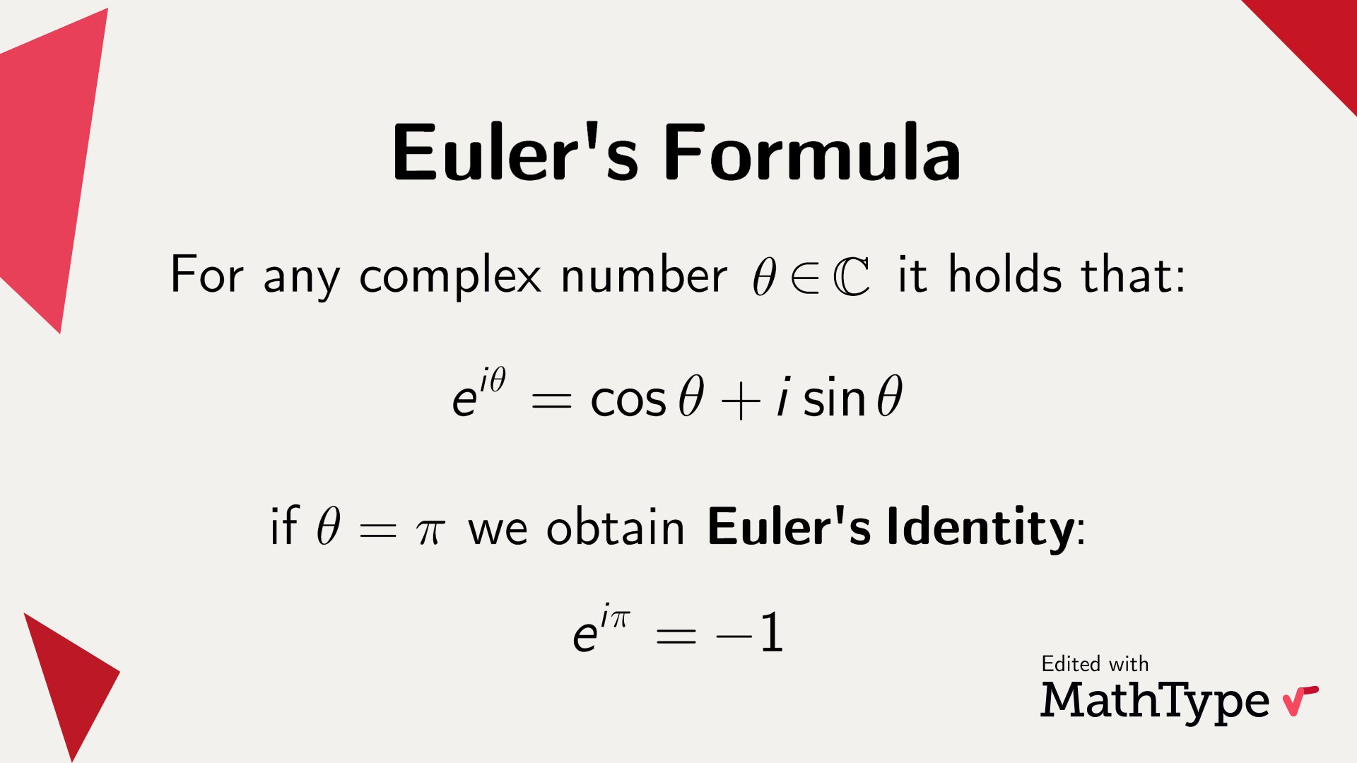 تويتر Mathtype على تويتر Euler S Formula Works On All Complex Numbers But When Evaluated At Theta Pi It Yields The Archfamous And Beautiful Euler Identity Complexanalysis Mathtype T Co Ps9p0e3khm