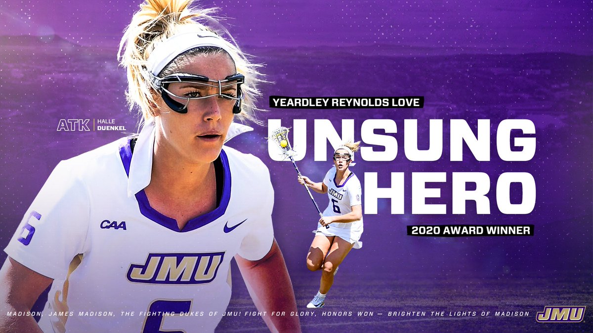 JMULacrosse's tweet photo. She drove positive change from the moment she stepped foot on JMU's campus. 

Halle Duenkel is the 2020 Division I women's winner of the Yeardley Reynolds Love Unsung Hero Award‼️

📰 https://t.co/vJGZwRSirY

#GoDukes | @Join1Love https://t.co/6XE61modKq