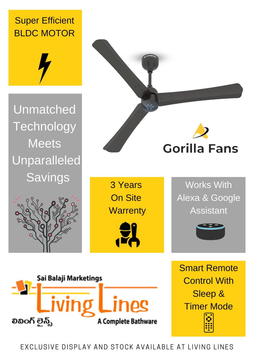 The most efficient fans which the present market is having now . #Atomberg #Gorillafans
Only available at Living Lines - Visakhapatnam
#technology #ceilingfan #interiordesign #archilovers #architecture  #Atomberg  #summer2020 #dreamhome @atomberg_tech @AtombergT #smartfans