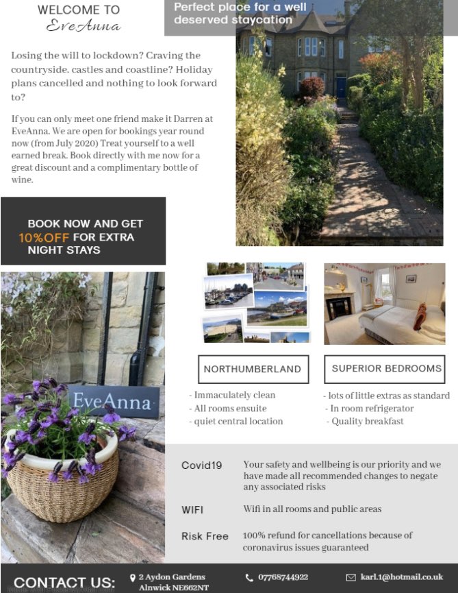 Why not think about planning an escape to the castles and majestic coastline of beautiful Northumberland and staycation. Hoping to reopen July with some great offers