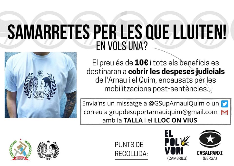 L'Arnau i el Quim són dos joves de Cambrils que el passat octubre van participar de les protestes contra la sentència de l'1 d'octubre. Avui, encausats i perseguits per l'Estat.

<a href="/GSupArnauiQuim/">Grup de suport Arnau i Quim</a>